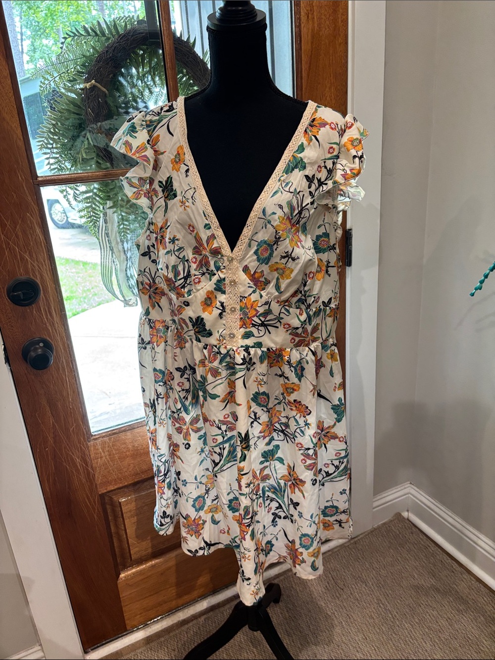 Floral V-Neck Short Dress - White with Yellow & Green Floral Print